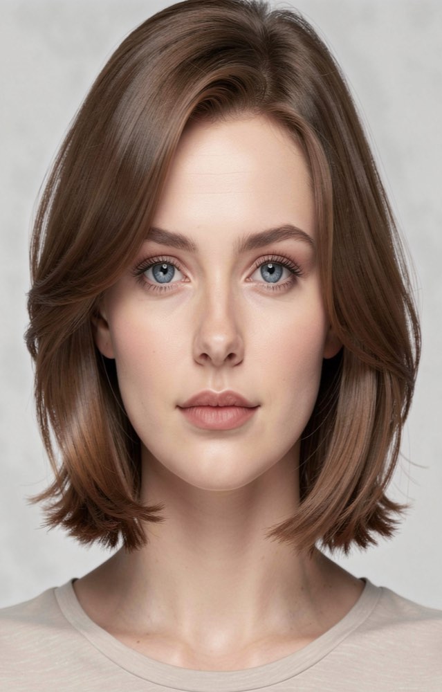 The same face under a chin-length brown bob, blow-dried full with the ends flicked out.