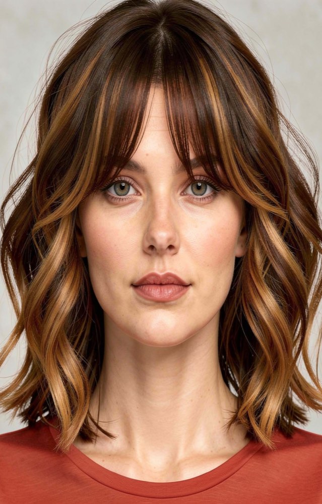 The same face with a full curtain fringe and warm caramel balayage running through the waves.