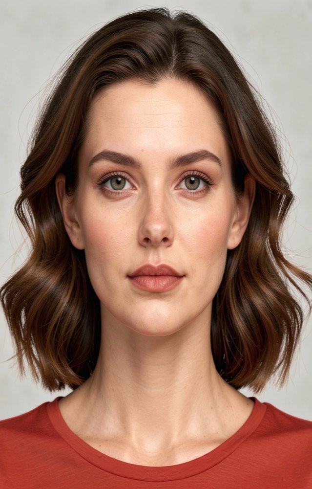 A shoulder-length brunette bob in loose waves, worn without a fringe.