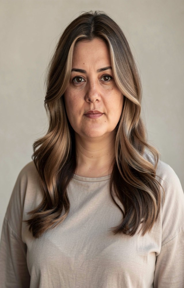 The same face with the same length waved out, lifted to a bronde balayage with lighter pieces framing the face.